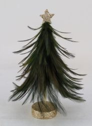 Tanne Feder auf Holzsockel grün/gold 16x16x26cm