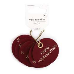 Anhänger VELLU ROUND FROHE WEIHN. Ø5cm 6Stück dunkelrot