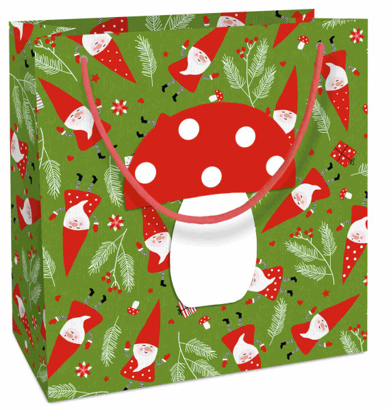 Tasche 20x21x8cm mit Fliegenpilz Kraftpapier Gnomes grün