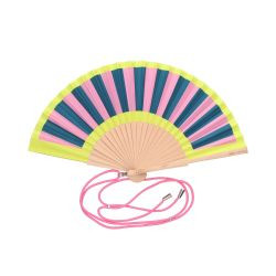 Fächer Holz/Polyester 23cm, Motiv: Streifen, rosa/petrol/gelb 42x23x3cm