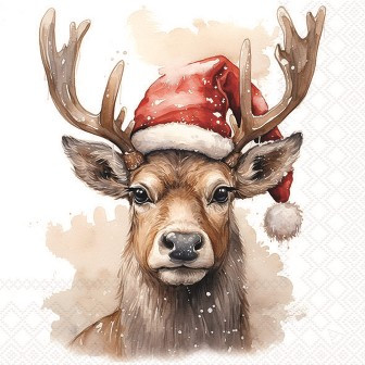 Serviette Deer with Santa hat white 33x33cm
