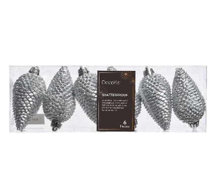 Zapfen bruchfest silber Glitter 6St. 4.5x8cm