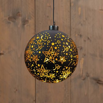 LED Kugel Glas schwarz/gold mit Sternen 12LED warm weiss D15cm