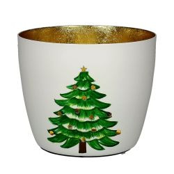 Windlicht Madras M, Motiv: Tannenbaum, weiß/gold H8,5cm, D10cm