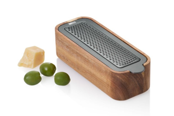 Tisch-Feinreibe CutnServe, mit Auffangbehälter, Edelstahl schwarz/Akazienholz, L:18cm, B:6,8cm, H:5c