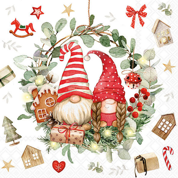 Serviette Gnomes in wreath 33x33cm