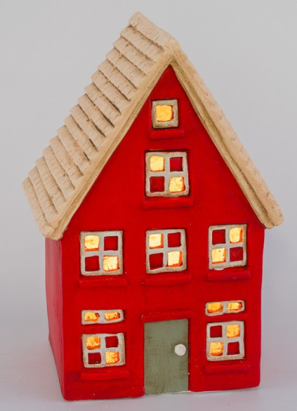 LED Keramikhaus creme rot 20x14,5x30,5cm