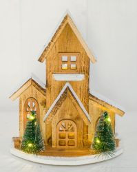 LED-Holzhaus,10LED,2xAA Timer,braun/creme/grün,21x9x27