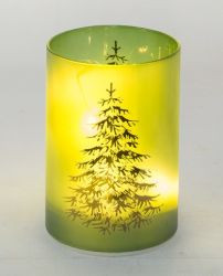 Windlicht Tanne Glas matt/grün 3xAA, 8,5x8,5x12cm