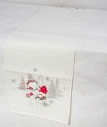 Tischläufer Polyester weiß Wichtel grau/rot, 150x40x0,2cm