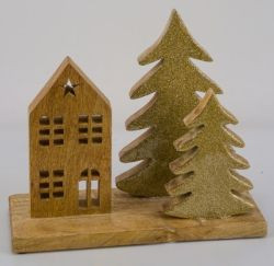 Haus mit 2 Tannen natur gold 27,5x10x24cm