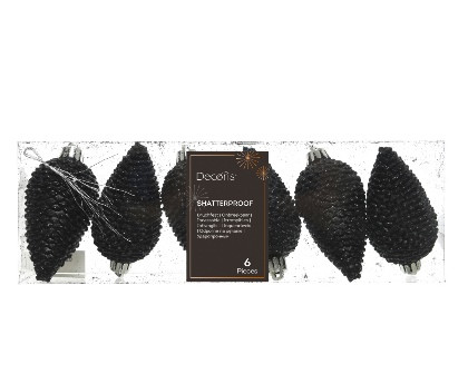 Zapfen bruchfest schwarz Glitter 6St. 4.5x8cm