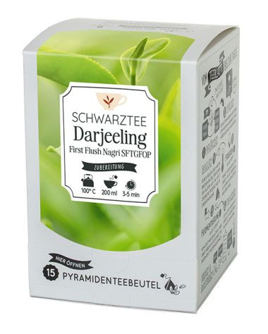 Pyramidenbeutelbox Darjeeling First Flush Nagri Schwarztee 15 Btl.