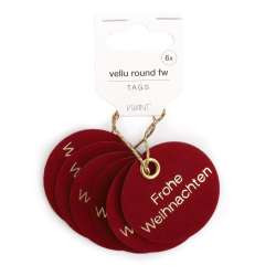 Anhänger VELLU ROUND FROHE WEIHN. Ø5cm 6Stück warmes rot