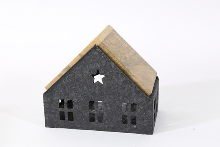 Haus m.Holzdach Metall/Holz matt schwarz/natur 17x12x14cm