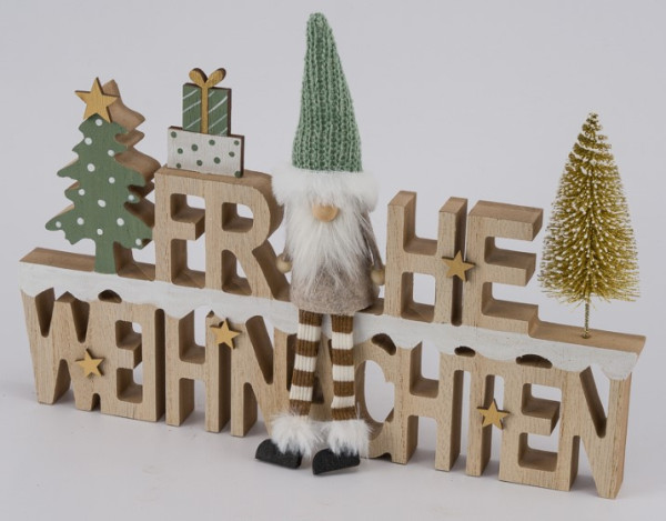 Schriftzug Frohe Weihnachten Holz m.Wichtel 29,5x4x19cm