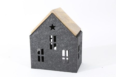 Haus m.Holzdach Metall/Holz matt schwarz/natur 17x12x21cm