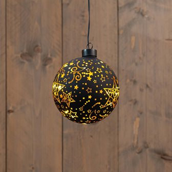 LED Kugel Glas schwarz/gold mit Sternen 10LED warm weiss D12cm