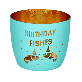 Windlicht Birthday fishes türkis/gold 8,5x10cm