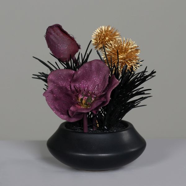 Arrangement Weihnachten schwarzer Topf 14cm black purple