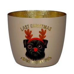Windlicht Madras M, Motiv: Last christmas I gave you my pug, sandstone/gold H8,5cm, D10cm