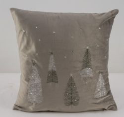 Kissen m. Tannenbaum Samt grau Kristalle/Strass, 42x42x16cm
