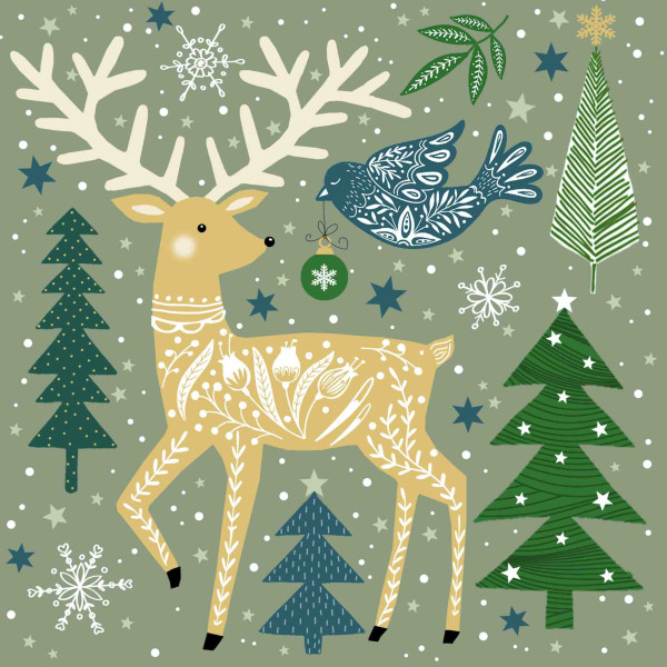 Serviette Atelier 33x33cm Folk Deer salbei