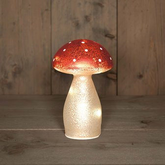 LED Pilz Glas rot mit weissen Tupfen H18 cm