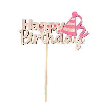 Stecker Holz Happy Birthday pink/natur