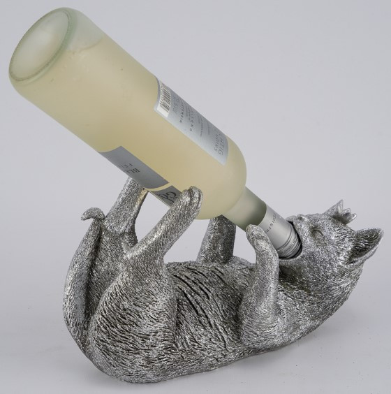 Flaschenhalter Katze Poly silber 26,5x12x18cm