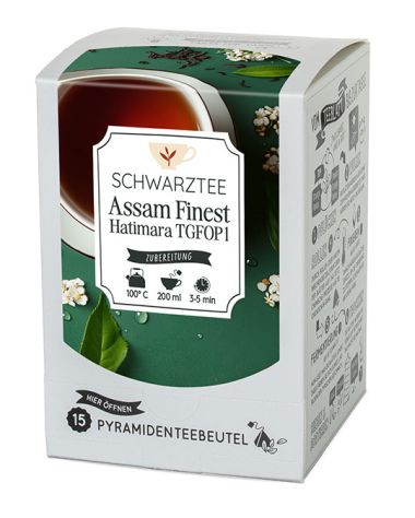 Pyramidenbeutelbox Assam Finest Hatimare Schwarztee 15 Btl.