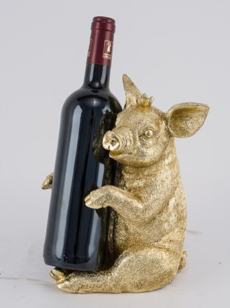 Flaschenhalter Schwein Poly gold 17,5x14,5x23