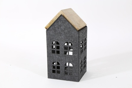 Haus m.Holzdach Metall/Holz matt schwarz/natur 11x10x21cm
