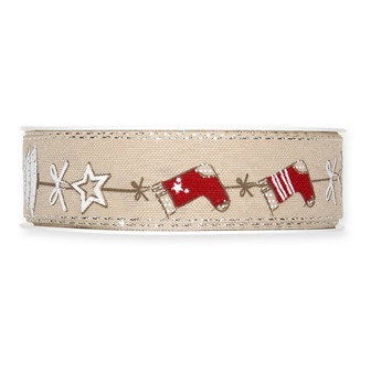 Band Weihnachten 25mmx18m leinen/rot/silber