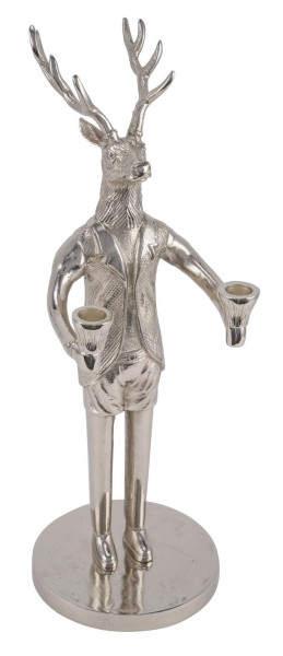 Hirsch Alu m.2Stabkerzenhaltern stehend silber 18x18x52cm