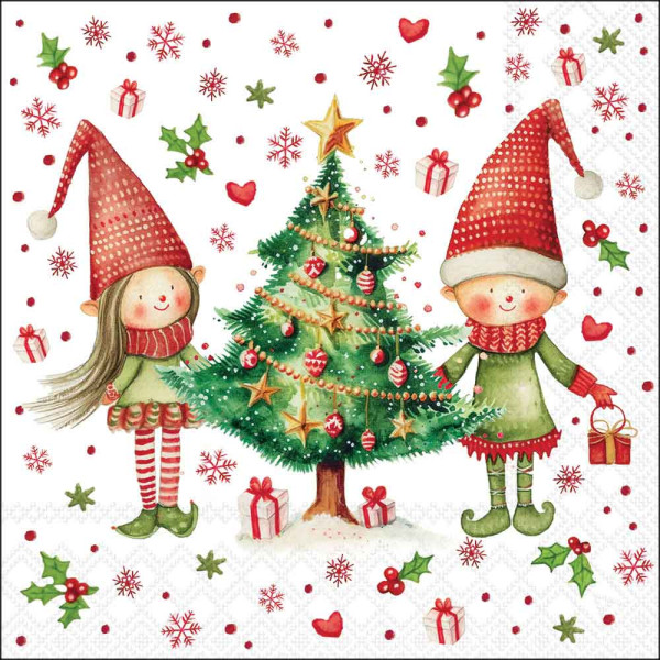 Serviette Elves by the tree 33x33cm