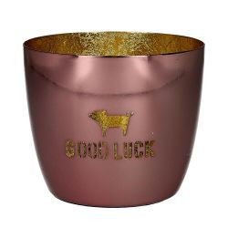 Windlicht Madras M, Motiv: Ferkel/ Good luck Eisen rot/gold H8,5cm, D10cm
