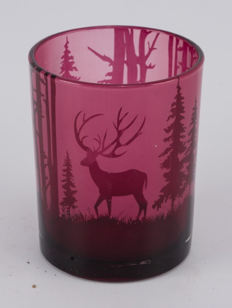 Windlicht Wald Hirsch Glas bordeaux 7x7x8cm