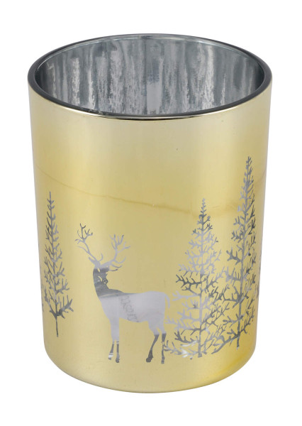 Windlicht Tanne Reh Glas gold silber 7x7x8,5cm