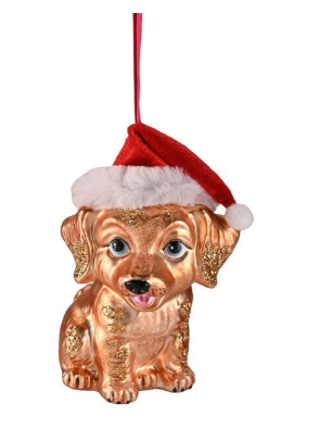 Hänger Hund mit Weihnachtsmütze Glas, braun 8x12x6,6cm
