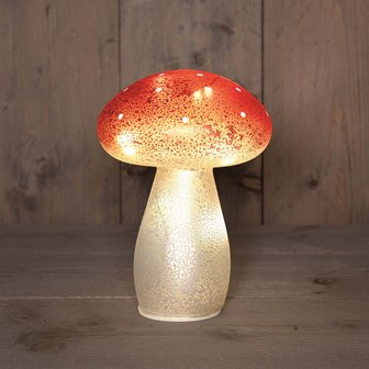 LED Pilz Glas rot mit weissen Tupfen H21 cm