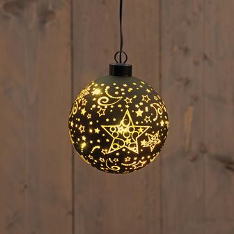 LED Kugel Glas schwarz/gold mit Sternen 8LED warm weiss D10cm