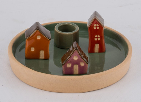 Kerzenschale Steingut Häuser 15,5x15,5x6cm