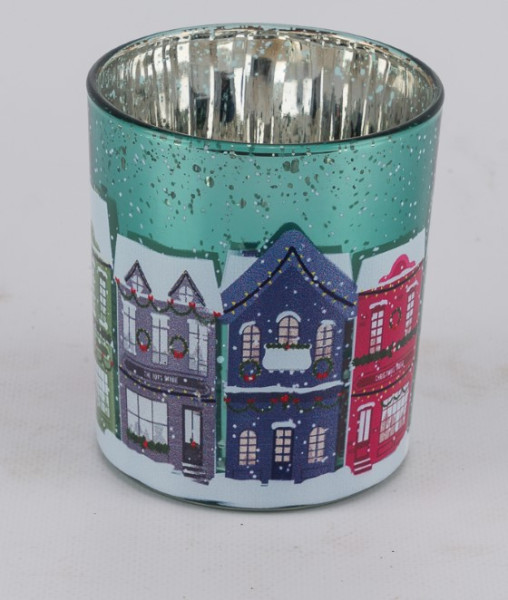 Windlicht Häuser Glas türkis 10x10x12,5cm