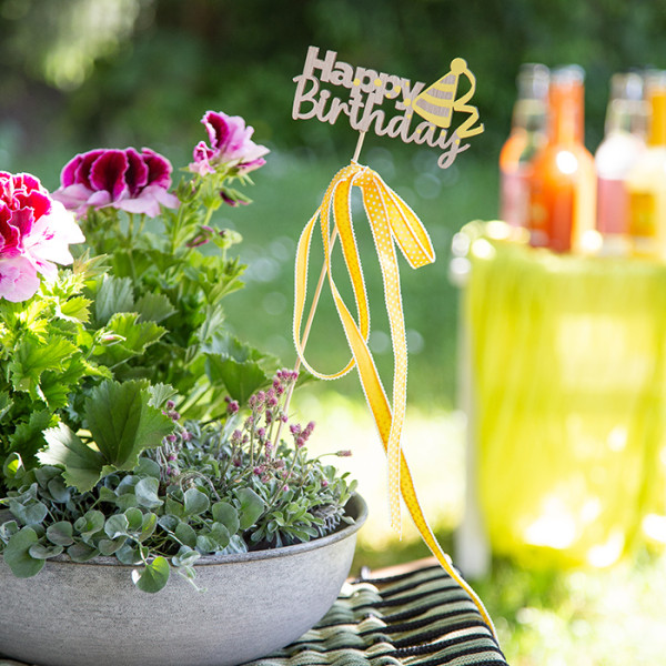 Stecker Holz Happy Birthday gelb/natur