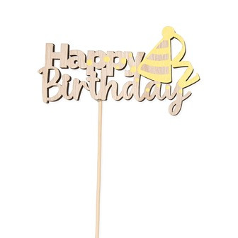 Stecker Holz Happy Birthday gelb/natur