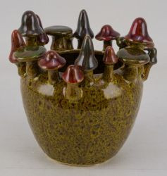 Vase mit Pilzen Steingu grün/braun 15x15x15,5cm