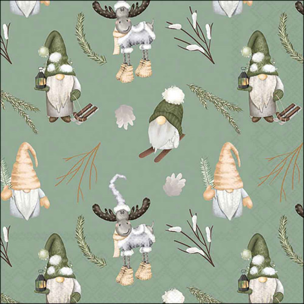 Serviette Forest gnomes sage 33x33cm